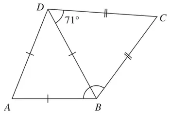 Quadrilateral ABCD with diagonal BD; AB = BD = AD, BC = DC and angle BDC 71 degrees