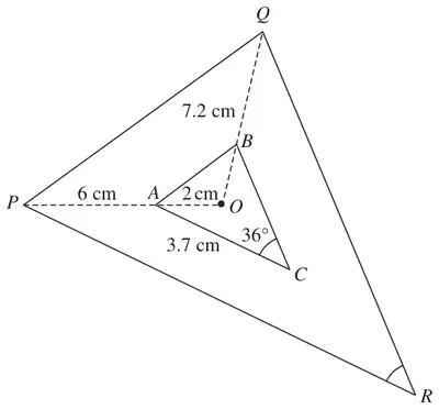 Triangle PQR is an enlargement centre O of triangle ABC; OA 2 cm, AP 6 cm, BQ 7.2 cm, AC 3.7 cm, angle C 36 degrees