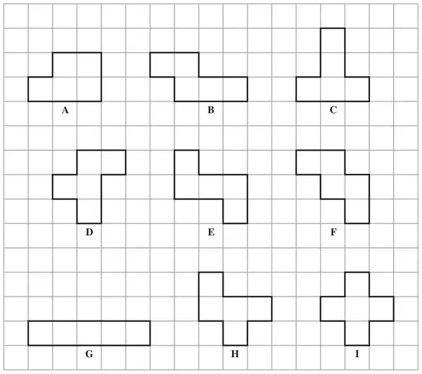 Nine shapes labelled A to I drawn on a centimetre grid