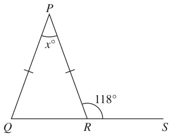 Isosceles triangle PQR with PQ = PR, angle x° at P; QR extended to S with angle PRS = 118°
