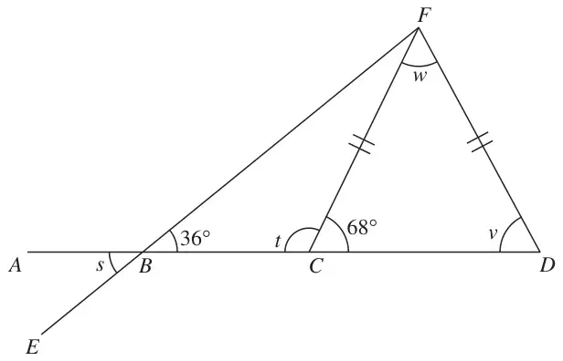 Triangle BFD with C on BD; ABCD and EBF are straight lines, angle FBC = 36°, angle FCD = 68°, FC = FD; angles s at B, t and 68° at C, v at D and w at F