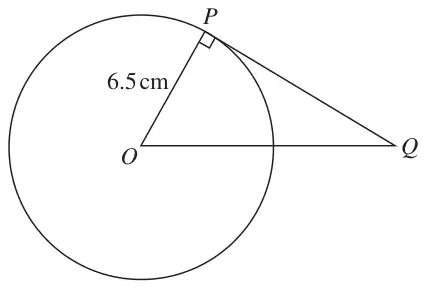 Circle with centre O and radius OP = 6.5 cm; PQ is a tangent at P, with a right angle at P