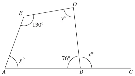 Quadrilateral ABDE with A and B on the straight line ABC; angle AED = 130 degrees, angles EAB and EDB are both y degrees, angle ABD = 76 degrees and angle DBC = x degrees