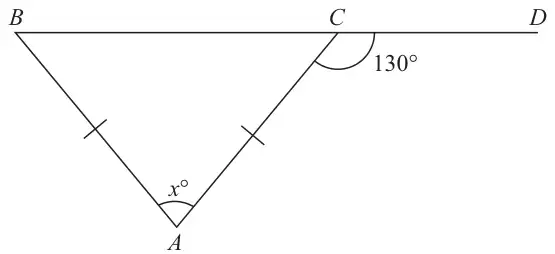 Isosceles triangle ABC with AB = AC, angle x° at A, BC extended to D, angle ACD = 130°