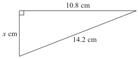 Right-angled triangle with sides 10.8 cm and x cm and hypotenuse 14.2 cm