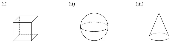 Three 3-D shapes: (i) a cube, (ii) a sphere, (iii) a cone