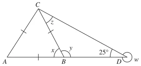 Triangle ABC with equal sides marked, ABD a straight line, angle BDC 25 degrees, angles w, x, y, z marked
