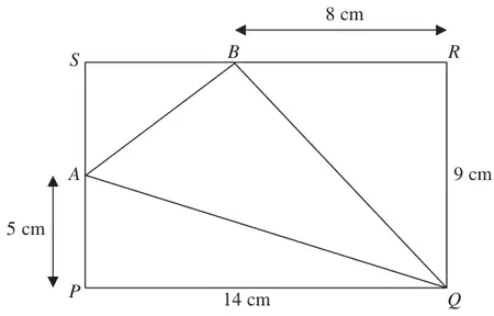 Rectangle PQRS with A on PS and B on SR, triangle AQB drawn; PQ 14 cm, QR 9 cm, PA 5 cm, BR 8 cm