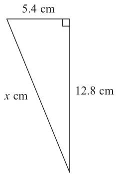 Right-angled triangle with shorter sides 5.4 cm and 12.8 cm and hypotenuse x cm