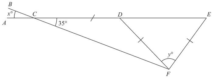 Straight lines ACDE and BCF crossing at C; angle x° between CA and CB, angle 35° between CD and CF; triangles CDF and DEF with CD = DF = EF; angle y° at F in triangle DEF