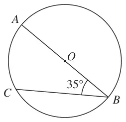 Circle centre O; AB is a line through O; C is on the circle and angle ABC = 35°