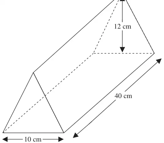 Triangular prism with base 10 cm, height 12 cm and length 40 cm