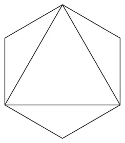 Regular hexagon with an equilateral triangle drawn inside joining three alternate vertices