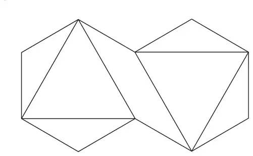 Two regular hexagons side by side sharing a vertex; the left one has a triangle drawn inside pointing up and the right one a triangle pointing down