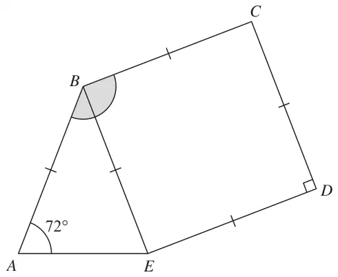 Isosceles triangle ABE with AB = BE and angle BAE = 72 degrees, joined along BE to square BCDE; angle ABC is shaded