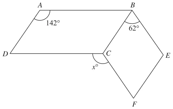 Parallelogram ABCD with angle DAB = 142 degrees, joined along BC to rhombus BEFC with angle CBE = 62 degrees; angle x is marked at C between D and F