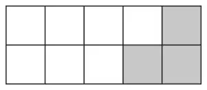 Rectangle of 2 rows of 5 centimetre squares; 3 of the 10 squares are shaded