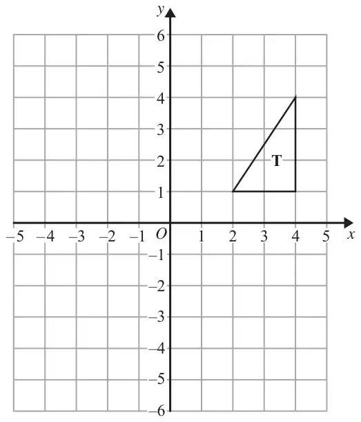 Coordinate grid with x from -5 to 5 and y from -6 to 6; triangle T with vertices (2, 1), (4, 1) and (4, 4)