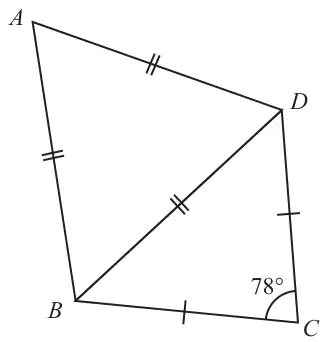 Quadrilateral ABCD with diagonal BD; AB, BD and AD marked equal, CB and CD marked equal, angle BCD = 78°
