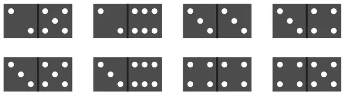 Eight dominoes in two rows of four, each showing spots on its two halves