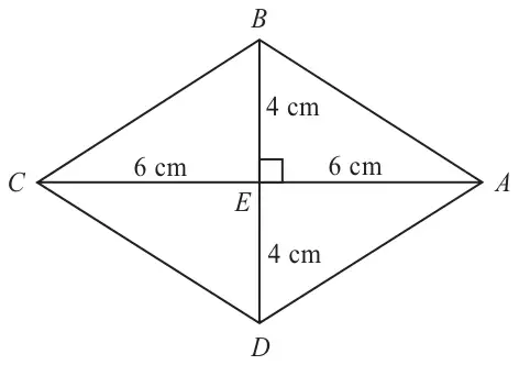 Rhombus ABCD with diagonals crossing at right angles at E; CE = EA = 6 cm, BE = ED = 4 cm