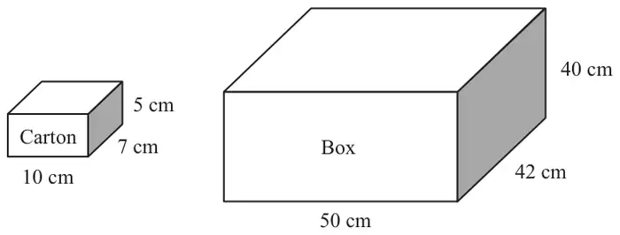 Carton 10 cm by 7 cm by 5 cm and box 50 cm by 42 cm by 40 cm