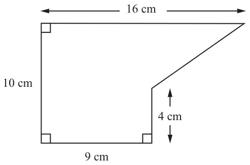Shape with top 16 cm, left side 10 cm, bottom 9 cm, a 4 cm vertical side on the right and a sloping edge, with right angles marked