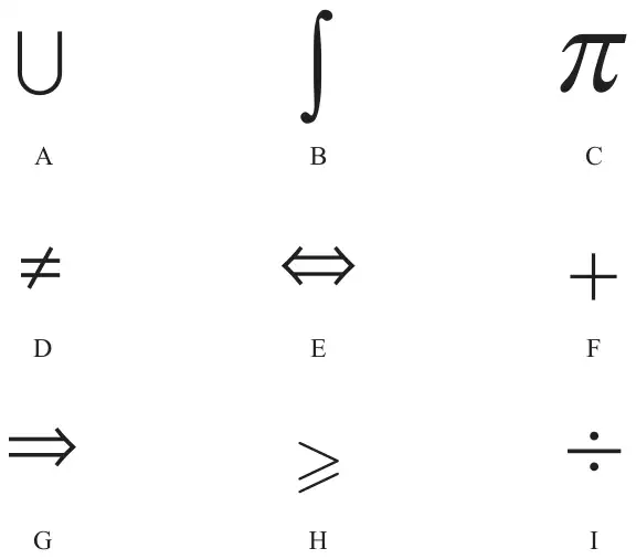 Nine symbols: A union, B integral, C pi, D not equal, E double arrow, F plus, G implies arrow, H greater than or equal, I divide