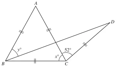 Equilateral triangle ABC and isosceles triangle BCD with angle ACD 52 degrees, angle x at C and angle y at B