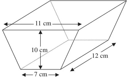 Prism with trapezium cross section, parallel sides 11 cm and 7 cm, height 10 cm, length 12 cm