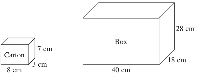 Carton: cuboid 8 cm by 3 cm by 7 cm; Box: cuboid 40 cm by 18 cm by 28 cm