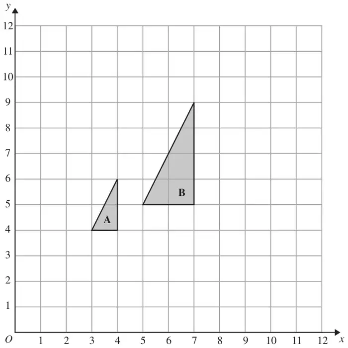 Grid with x and y from 0 to 12; triangle A with vertices (3, 4), (4, 4), (4, 6); triangle B with vertices (5, 5), (7, 5), (7, 9)