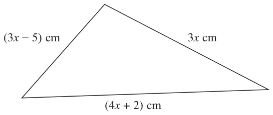 Triangle with sides (3x − 5) cm, 3x cm and (4x + 2) cm