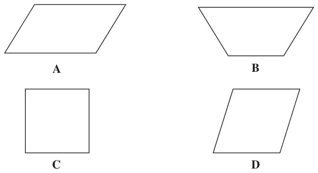 Four quadrilaterals: A a parallelogram, B an isosceles trapezium, C a square, D a parallelogram