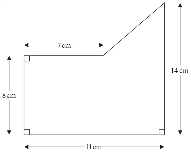 Shape with a right-angled base 11 cm, left side 8 cm, top edge 7 cm, then a sloping edge up to the right side of 14 cm