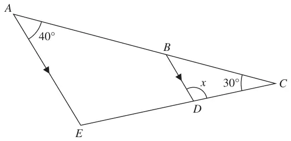 Triangle ACE with B on AC and D on EC; BD parallel to AE; angle EAC = 40°, angle ACE = 30°, angle x is angle BDC