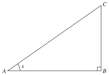 Right-angled triangle ABC with the right angle at B; angle x is marked at A
