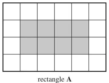 Rectangle A, 6 by 4 centimetre squares, with a 4 by 2 block of 8 squares shaded in the middle