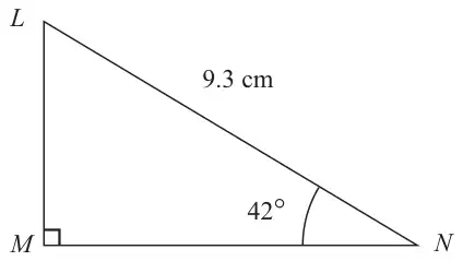 Triangle LMN with a right angle at M, LN = 9.3 cm and angle N = 42°
