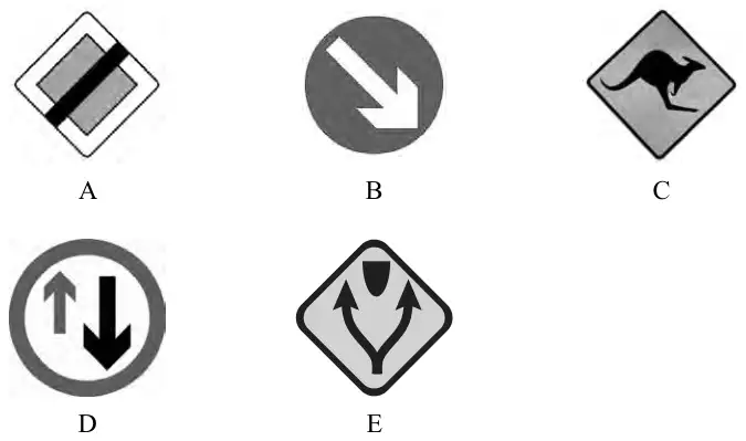 Five road signs labelled A, B, C, D and E