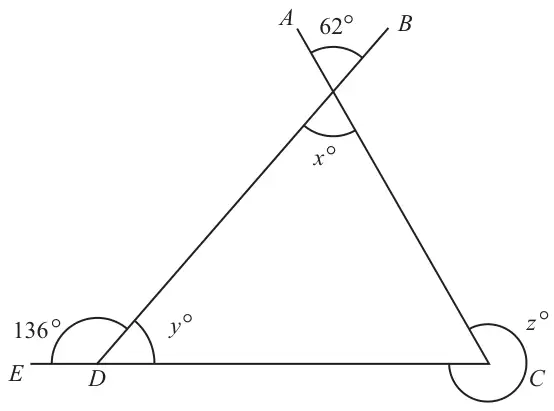 Triangle with lines AC and BD crossing near the top; angle 62° between A and B, x° below the crossing; at D on EDC the angle EDB is 136° and y° is inside the triangle; z° is the reflex angle at C