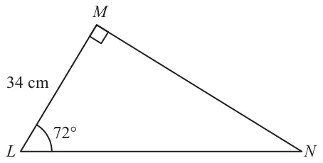 Triangle LMN with a right angle at M, LM = 34 cm and angle L = 72°