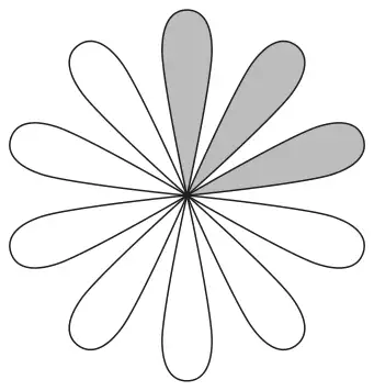 Flower shape made of 10 equal petals, 3 of them shaded