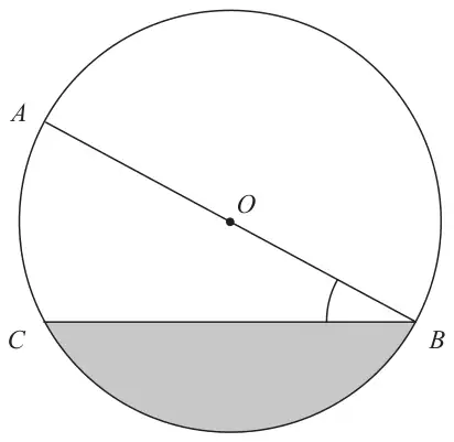 Circle centre O with diameter AB, chord CB and the segment below CB shaded