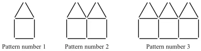 Stick patterns 1, 2 and 3: houses made of a square and a triangle roof, joined in a row