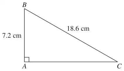 Right-angled triangle ABC with the right angle at A; AB = 7.2 cm, BC = 18.6 cm