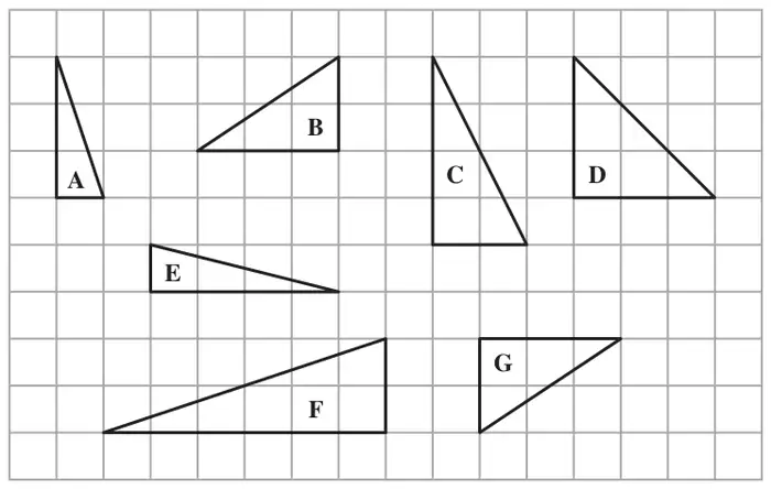 Seven triangles labelled A to G drawn on a square grid