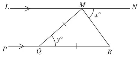 Parallel lines LMN and PQR; triangle MQR with QM = QR, angle RMN = x° and angle MQR = y°