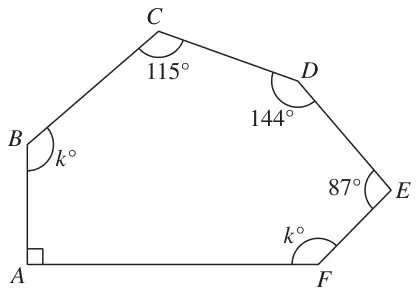 Hexagon ABCDEF with a right angle at A, angles 115° at C, 144° at D, 87° at E, and k° at B and at F