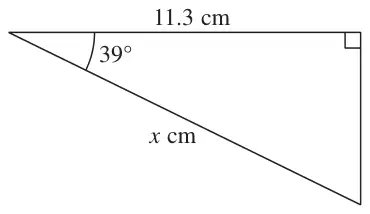 Right-angled triangle with adjacent side 11.3 cm, angle 39° and hypotenuse x cm